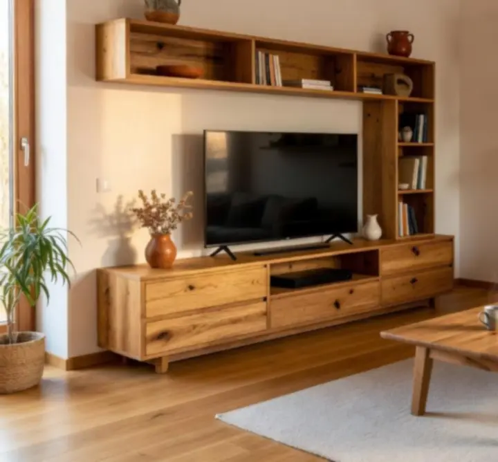 Nowoczesne meble na zamówienie w salonie – zabudowa RTV i regał