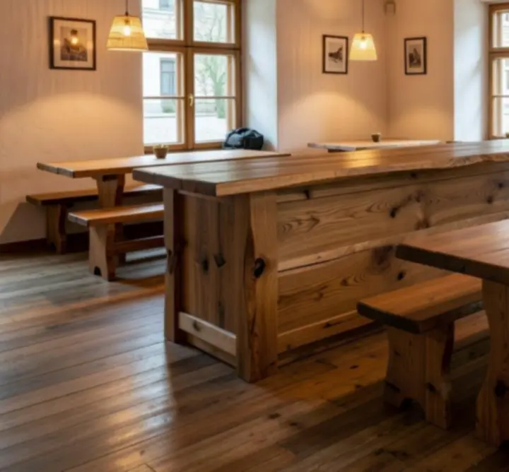 Realizacja wnętrza restauracji z drewnianymi ladami i stołami